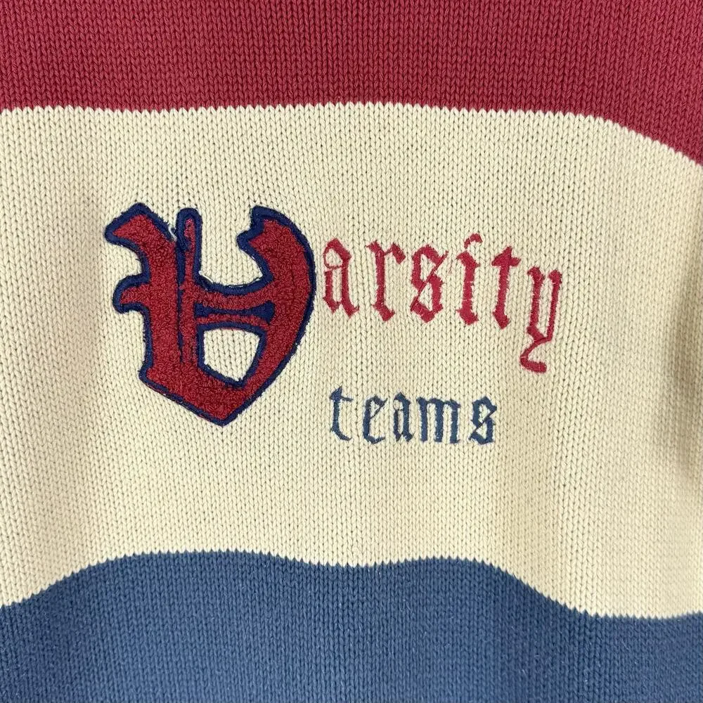 Gap Kids Vintage 80s Varsity Teams Knit Sweater Large Red Beige Blue 100% Cotton